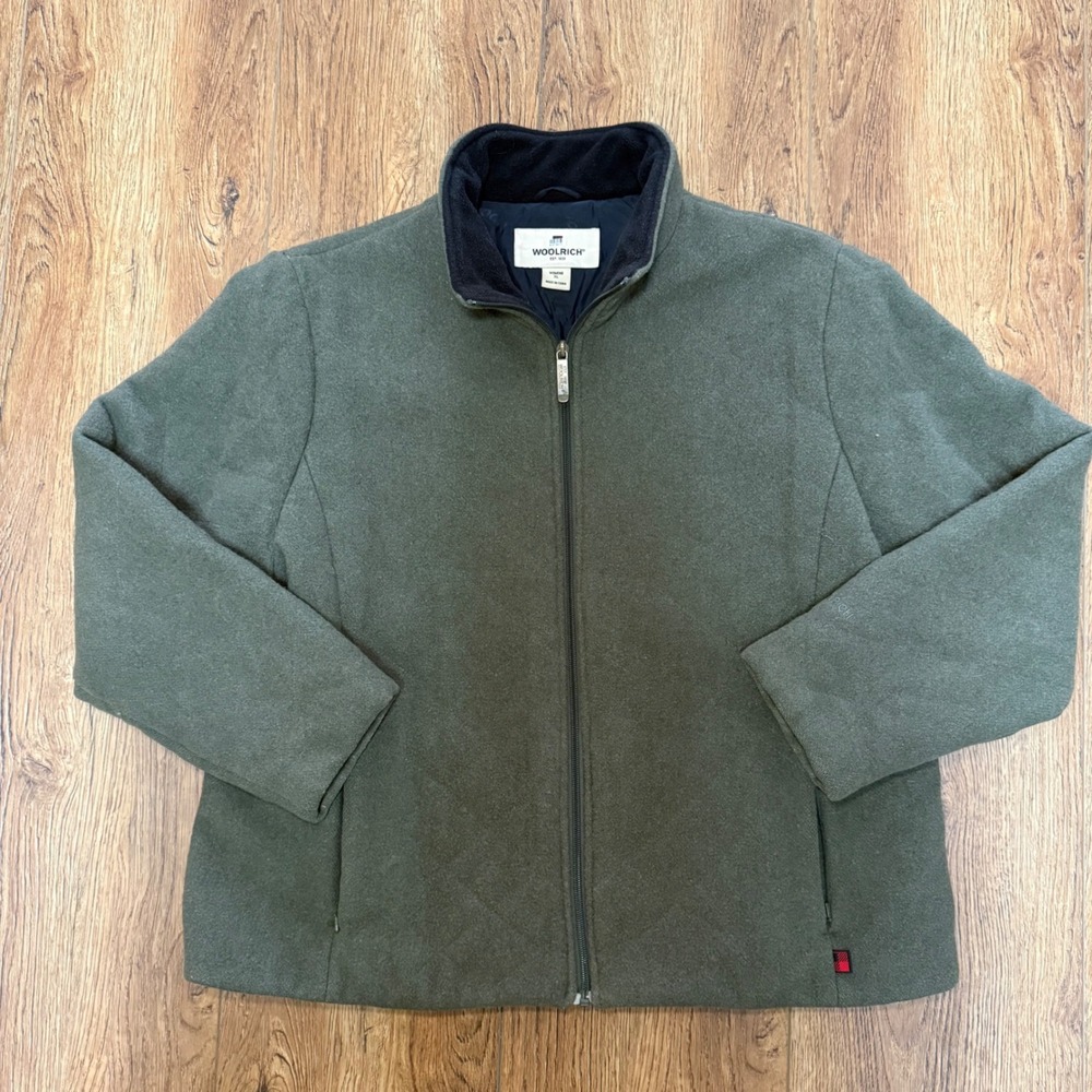 Woolrich 100% Wool Olive Green Full Zip Fleece Jacket Womens XL‎ Zip Pockets